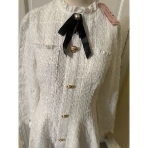 White Tweed Dress with Black Bow and Gold Buttons Women Size 8/10